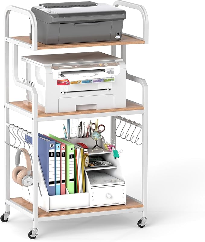 GOFLAME 3-Tier Mobile Printer Stand, Rolling Printer Table with Storage Shelves, 10 S-Shaped Hooks, Lockable Wheels, Home Office Rolling Cart for Shredder, Scanner, Fax (Natural + White)