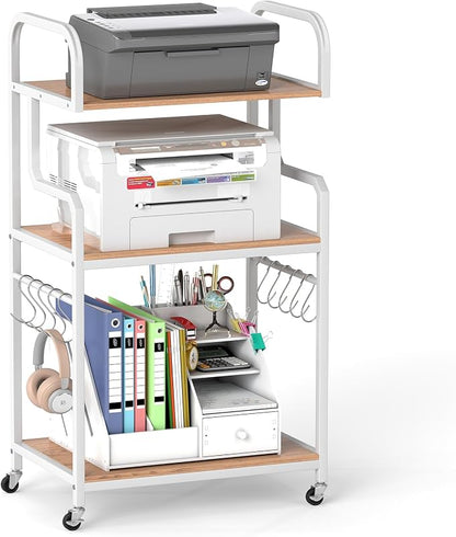 GOFLAME 3-Tier Mobile Printer Stand, Rolling Printer Table with Storage Shelves, 10 S-Shaped Hooks, Lockable Wheels, Home Office Rolling Cart for Shredder, Scanner, Fax (Natural + White)