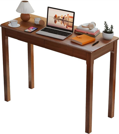 Wood Desk with Drawers - Solid Wood Mid Century Modern Desks for Bedroom, Small Computer Desk for PC, Laptop, Study, Makeup, 39.4 W x 29.5 H x 15.75 D in, Walnut Color