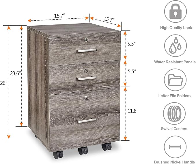 Bonnlo 26"H 3 Drawer File Cabinet With Lock, Rolling Under Desk, Mobile for Home Office, Wood Printer Stand for Letter Size Filings, Assembly Required, Gray Oak