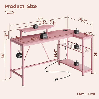Bestier L Shaped Gaming Desk with Power Outlets,58 LED Small Corner Desk with Reversible Storage Shelves,Pink Computer Desk with Headset Hooks Desk for Living Room and Dormitory