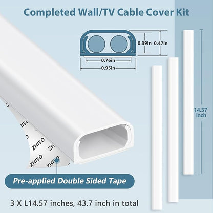 Wire Covers for 2-3 Cords, 43.7in Cord Hider, Wire Hiders for TV on Wall, Paintable Cable Cover Channel, Cable Management Raceway Kit for Wall Mounted TV in Home Office, 0.95in W X 0.47in H, White