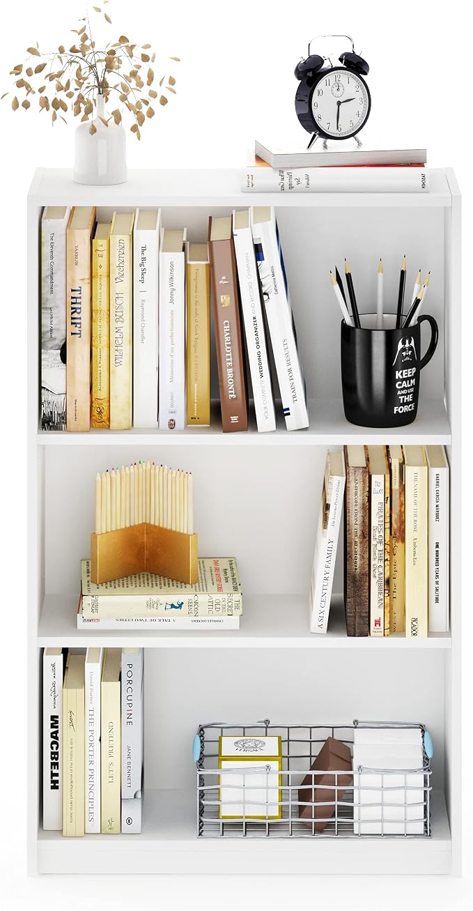 Furinno Jaya Book Shelf, 3-Tier Bookshelf, Standing Bookcase with Adjustable Shelves, 9.5 x 24.5 x 40.3, for Organization and Storage, for Living Room, Bedroom, Home Office, Plain White