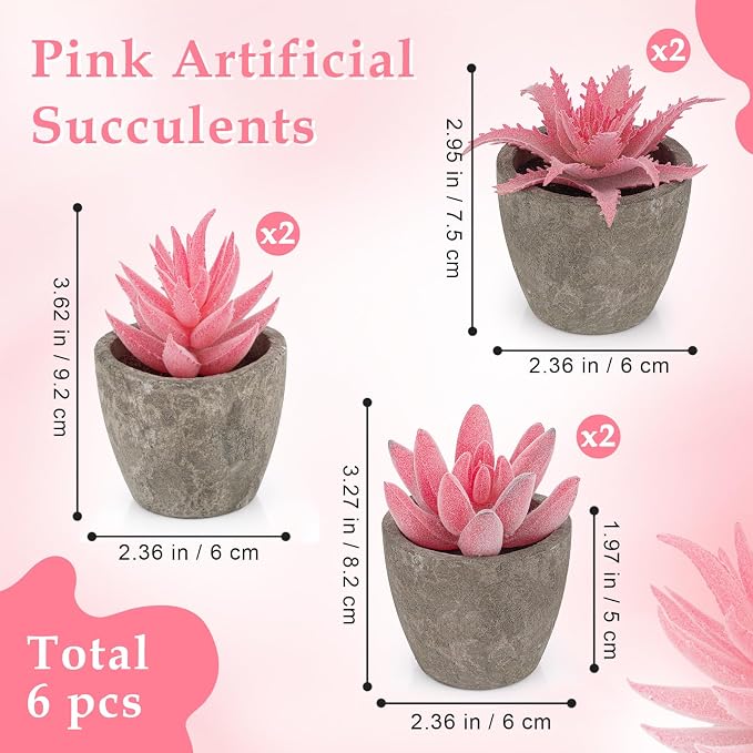 6 Pack Pink Succulents Plants Artificial in Pots, Fake Mini Planted Succulents Pink Room Office Desk Decor for Women