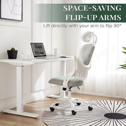 Ergonomic Office Chair, Comfy Desk Chair with Wheels, Adjustable Headrests, Flip-Up Armrests, Breathable Mesh High-Back, Comfortable Swivel Seating for Home Computer, Grey