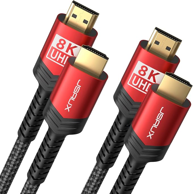 JSAUX 8K HDMI Cable 2.1, 48Gbps Ultra High Speed HDMI Cable Braided Cord (4K@144Hz, 4K@120Hz, 8K@60Hz) HDCP 2.2&2.3 HDR 10 eARC ARC, Compatible with Switch 2/PS5/Laptop/Monitor/HDTV/-Red,15ft