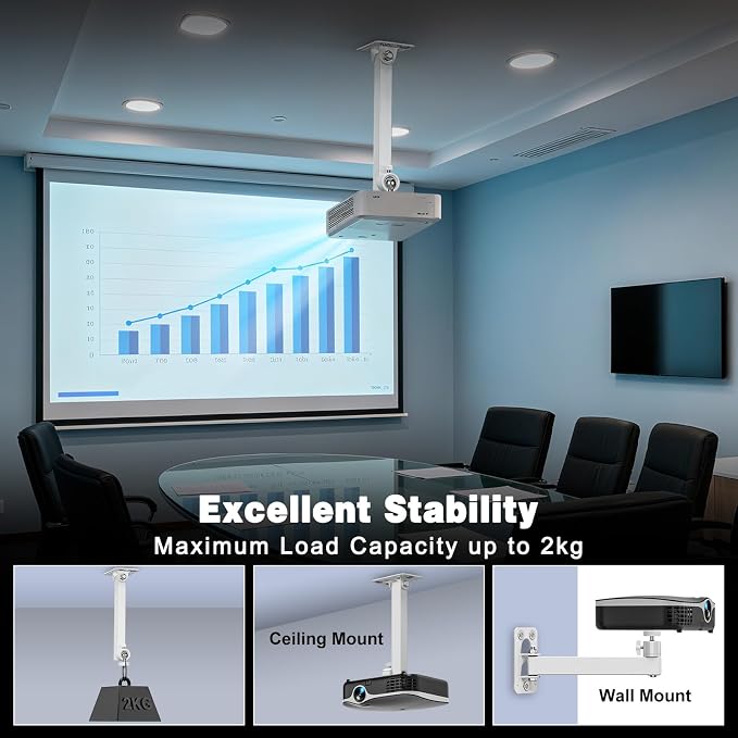 Projector Stand, Wall and Mini Ceiling Mount with 1/4-Inch Thread, 360-degree Rotation, Adjustable Tilt & Swivel, Foldable, Easy Setup Compatible with Most Projectors for Home, Office, White