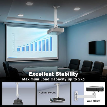 Projector Stand, Wall and Mini Ceiling Mount with 1/4-Inch Thread, 360-degree Rotation, Adjustable Tilt & Swivel, Foldable, Easy Setup Compatible with Most Projectors for Home, Office, White