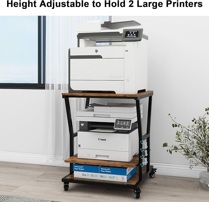 Natwind 3-Tier Large Printer Stand,23.6"x23.6"x29.5" Heavy-Duty Printer Table Cart with Paper Storage Shelf & Wheels,Ideal for Home Office Laser Printers, Copiers (Retro)
