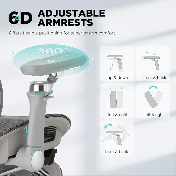 Ergonomic Office Chair with 3-Zone Dynamic Lumbar Support, Big and Tall Office Chair with Footrest, Adjustable Seat Depth,4D Headrest,6D Armrests, Swivel Executive Chair for Home Office,Grey