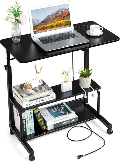 Karl home 31.5" Portable Rolling Desk on Wheels,Height Adjustable Standing Desk with 2 AC Outlets/3 USB Ports,Mobile Laptop Table with Hooks and Storage Shelves for Home Office，Black