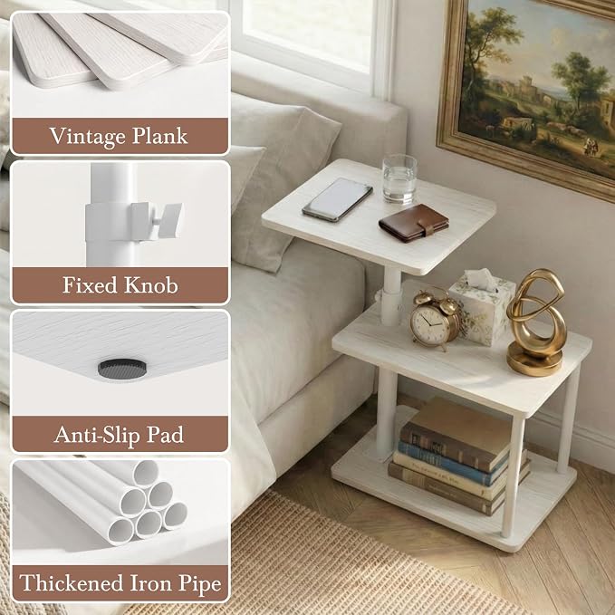 Faesun 360° Swivel Side Table for Height Adjustable, C Shaped End Table for Couch with Storage, 3-Tier Night Stand with Open Shelf, Tv Tray for Small Spaces, Living Room, Bedroom, White