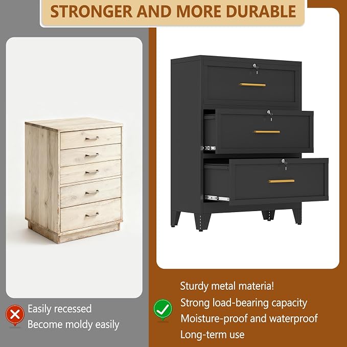 Metal Lateral File Cabinet with Lock,3 Drawer Steel Wide Filing Organization Storage Cabinets for Legal/Letter/A4/F4 Size with Hanging Files&Key,Lockable Printer Stand for Home Office, Black