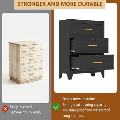 Metal Lateral File Cabinet with Lock,3 Drawer Steel Wide Filing Organization Storage Cabinets for Legal/Letter/A4/F4 Size with Hanging Files&Key,Lockable Printer Stand for Home Office, Black