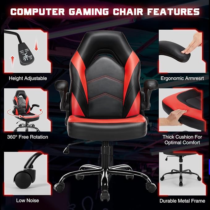 DUMOS Ergonomic Computer Gaming Chair with Flip-up Armrest, Height Adjustable PU Leather Home Office Desk Chair with Lumbar Support Swivel Wheels and for Adults and Kids, Scarlet Red