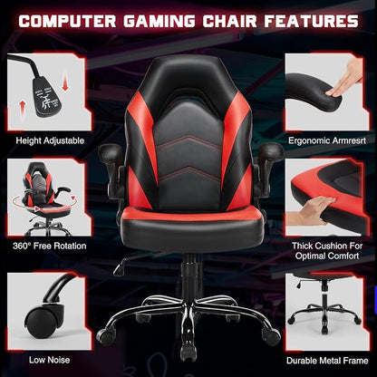DUMOS Ergonomic Computer Gaming Chair with Flip-up Armrest, Height Adjustable PU Leather Home Office Desk Chair with Lumbar Support Swivel Wheels and for Adults and Kids, Scarlet Red