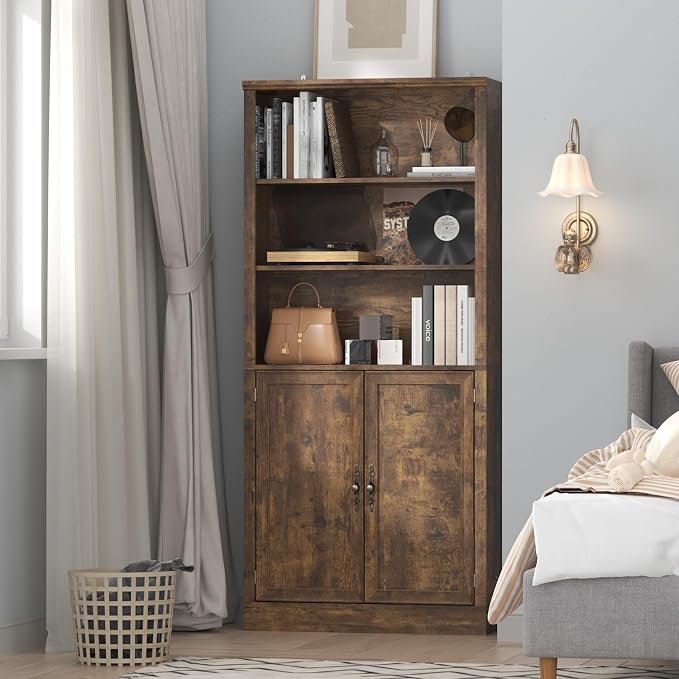 Thacuok 72'' Tall Bookcase with Doors, Adjustable Shelves, P2 MDF Construction, 32'' Wide Freestanding Cabinet with Metal Handles, Hidden Storage for Living Room, Bedroom