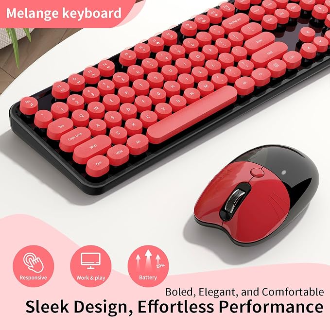 Wireless Keyboard and Mouse, 104 Round Keycaps Retro Typewriter with OTG & Brush, Full-Size Ergonomic, Ideal for Windows PC, Home, Office and College Black Red