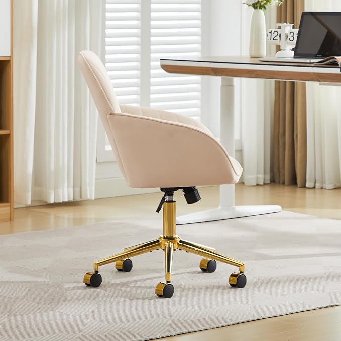 YITAI Velvet Office Desk Armchairs with Gold Base and Wheels,Modern Height Adjustable 360 Degree Swivel Upholstered Vanity Chairs for Living/Room Bedroom/Study,Khaki