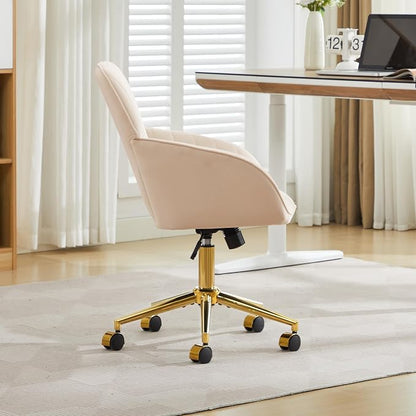 YITAI Velvet Office Desk Armchairs with Gold Base and Wheels,Modern Height Adjustable 360 Degree Swivel Upholstered Vanity Chairs for Living/Room Bedroom/Study,Khaki