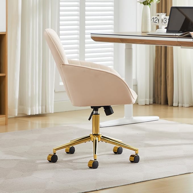 Velvet Home Office Desk Chair, Modern Cute Computer Task Chair with Back, Height Adjustable Upholstered Vanity Chair with Swivel Wheels for Women, Girls (Gold Base, Oatmeal