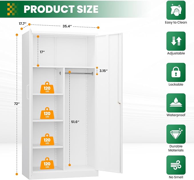 72" H Metal Garage Storage Cabinets, Lockable Broom Closet Cabinet with Hanging Rod & Doors, 5-Tier Steel Utility Cabinets for Garage, Laundry Room, Warehouse Storage, White