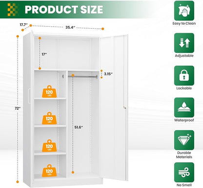 72" H Metal Garage Storage Cabinets, Lockable Broom Closet Cabinet with Hanging Rod & Doors, 5-Tier Steel Utility Cabinets for Garage, Laundry Room, Warehouse Storage, White