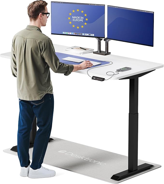 Desktronic HomeOne Standing Desk 60x30 — Ergonomic Sit Stand Home Office Desk, Made in Europe, Electric Dual Motor Height Adjustable, USB & USB-C Charging, Wobble-Free, Touchscreen, 3 Memory Presets