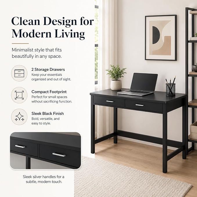 4NM 39.4" Small Desk with Wood Drawers, Home Office Computer Desk with Wooden Legs, Study Writing Table Vanity Desk for Small Spaces - Black