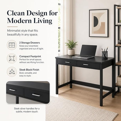 4NM 39.4" Small Desk with Wood Drawers, Home Office Computer Desk with Wooden Legs, Study Writing Table Vanity Desk for Small Spaces - Black