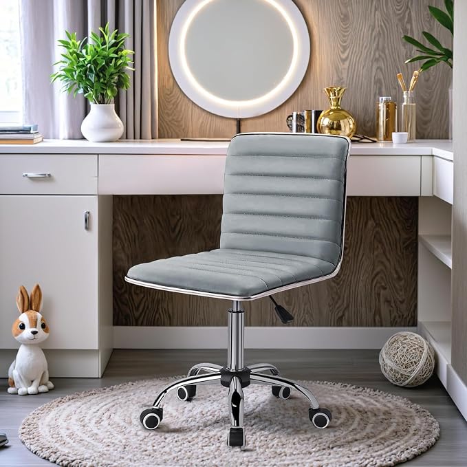 Furmax Vanity Office Desk Chair with Wheels, Armless Small Cute Leather Makeup Computer Task Chair Adjustable Height 360° Swivel (Light Grey)
