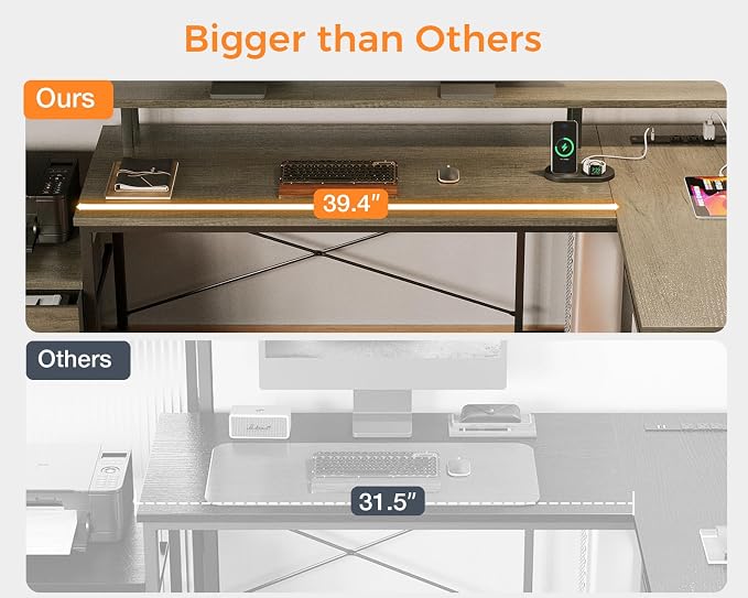 ODK L Shaped Desk with File Drawer, 66" Reversible L Shaped Computer Desk with Power Outlet & LED Strip, Office Desk with Storage Shelves, Gaming Desk with Monitor Shelf, Corner Desk, Grey Oak