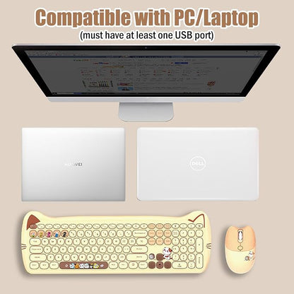 Cute Cat 2.4G USB Wireless Keyboard and Mouse Combo, Silent Keys, Candy Colors, Compatible with Notebook, PC (MilkTea-110Keys)