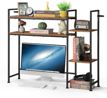 YBING Desktop Bookshelf, Desk Hutch Dorm, 4 Tier Desk Organizer Shelf Wood Over Computer Desk Shelves Multipurpose Desk Top Storage Display Rack for Home Office, Rustic Brown