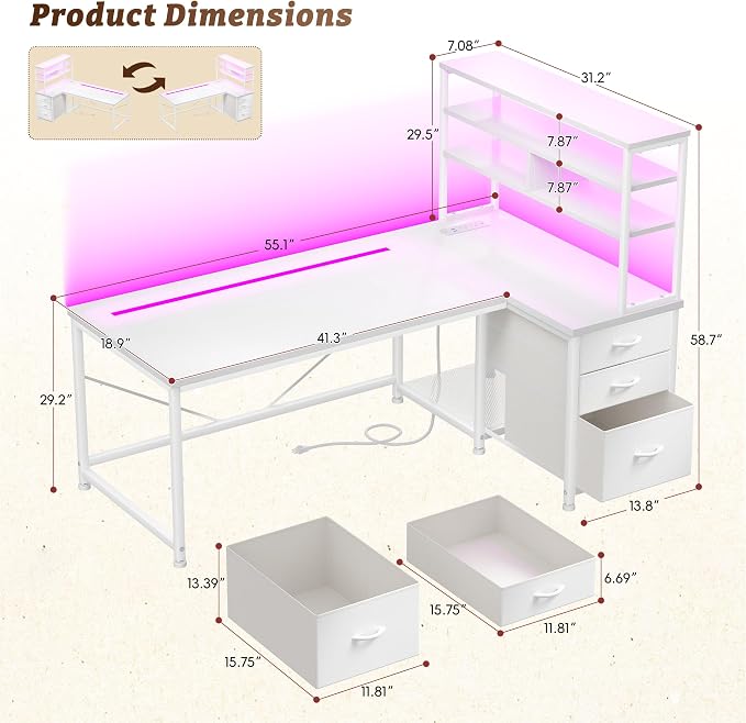 55''L Shaped Desk White Desk with 3 Fabric Drawers & Shelf, 55 Inch Computer Gaming Desk with Remote LED Lights, Power Outlet and PC Stand of Corner Desk for Home Office,Vanity Desk for Bedroom,White