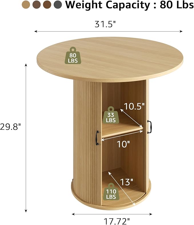 31.5 inch Round Dining Table for 2, Small Dinner Table with 2-Layer Storage Shelf, Morden Circle Kitchen Table with Wood Strip Base and Slide Door for Home Dining Room, Living Room, Natural