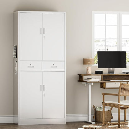 Metal Storage Cabinet with 2 Drawers 71" H,White Metal Garage Cabinets with 2 Lockable Doors and Adjustable Shelves, Locking Cabinet for Home Office,Pantry,Garage,Warehouse