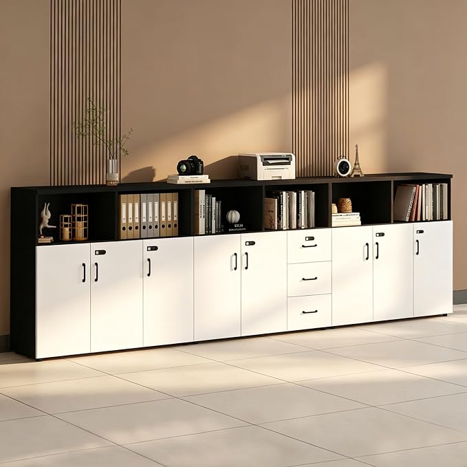 File Cabinet with Password Lock, Wood Lateral Filing Cabinet for Letter/A4 Files, 3 Drawer with Door, Printer Stand with Open Shelves for Home Office