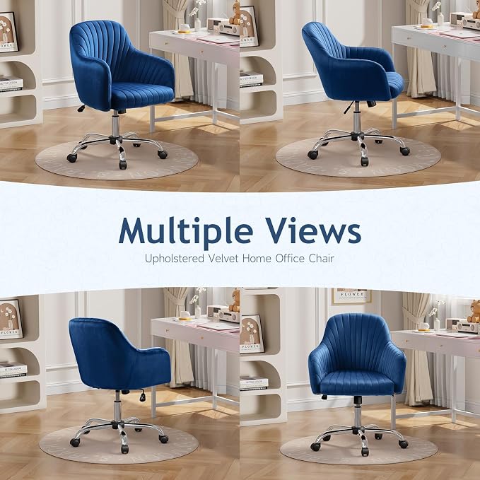 Warmiehomy Office Chair, Velvet Desk Chair for Women, Comfy Vanity Chair with Wheels, Home Computer Chair with Arm Rest for Bedroom, Royal Blue