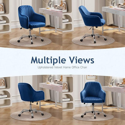 Warmiehomy Office Chair, Velvet Desk Chair for Women, Comfy Vanity Chair with Wheels, Home Computer Chair with Arm Rest for Bedroom, Royal Blue