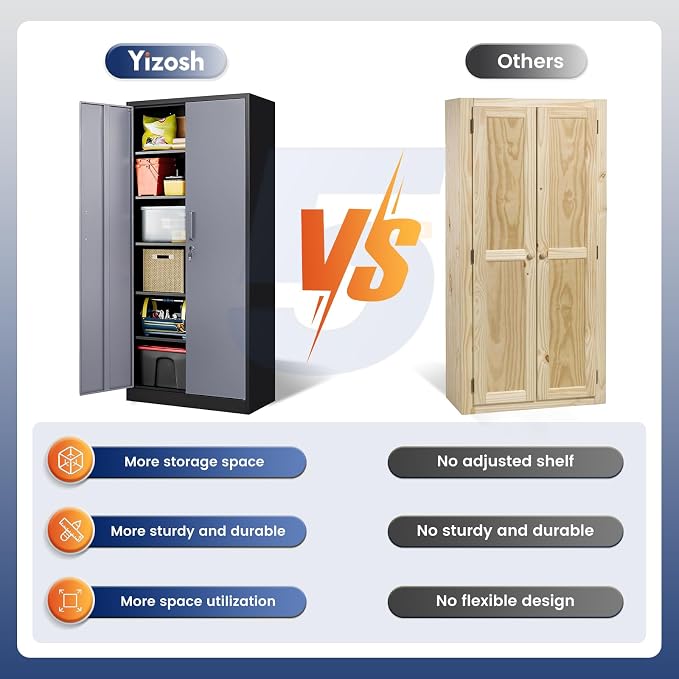 Yizosh Metal Garage Storage Cabinet with 2 Doors and 5 Adjustable Shelves - 71" Steel Lockable File Cabinet,Locking Tool Cabinets for Office,Home,Garage,Gym,School (Gray Black)