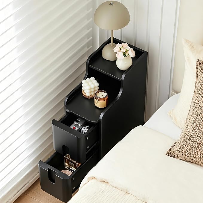 Black Narrow Nightstand, Wood 2 Drawer Small Nightstand, Slim Side Table, Modern Skinny End Bedside Table, Wood Night Stand with Drawers for Bedroom (Black-1 pc)