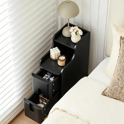 Black Narrow Nightstand, Wood 2 Drawer Small Nightstand, Slim Side Table, Modern Skinny End Bedside Table, Wood Night Stand with Drawers for Bedroom (Black-1 pc)