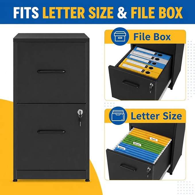 SAWJEC 2 Drawer File Cabinet with Lock, Small Metal Filing Cabinet for Home Office, Vertical Locking File Cabinet with Letter Size Hanging Files, Black, 25.6" H x 15.0" W x 17.7" D