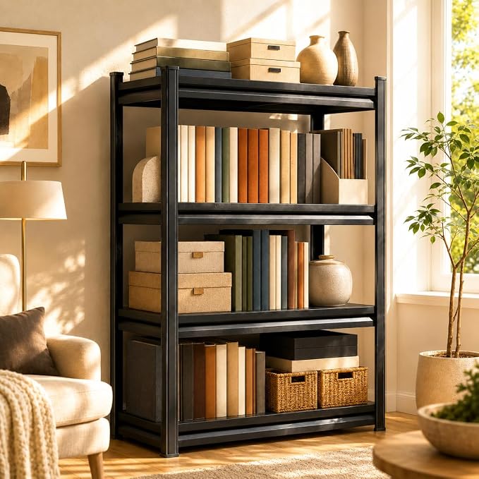 4 Tier Metal Bookshelf, Adjustable Tall Bookcase, Heavy Duty 2400 LBS Modern Deep Book Shelf, Bolt-Free Storage Shelves for Living Room, Home Office, Garage, 14" Wx 12" Dx 44" H