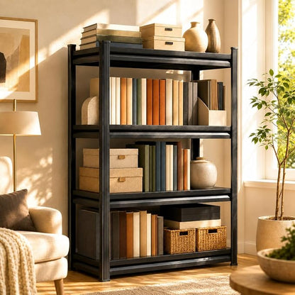 4 Tier Metal Bookshelf, Adjustable Tall Bookcase, Heavy Duty 2400 LBS Modern Deep Book Shelf, Bolt-Free Storage Shelves for Living Room, Home Office, Garage, 14" Wx 12" Dx 44" H