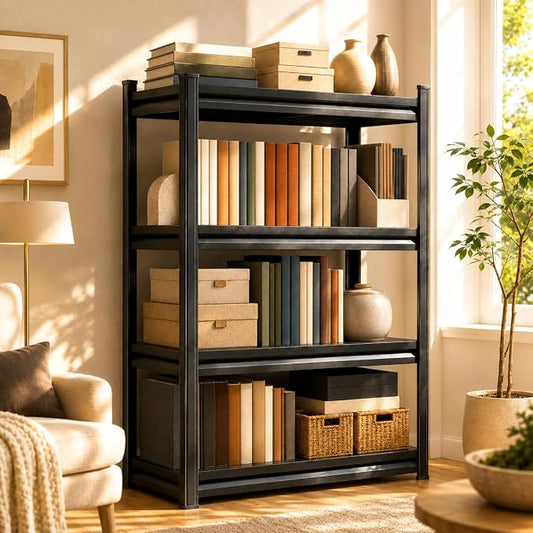 4 Tier Metal Bookshelf, Adjustable Tall Bookcase, Heavy Duty 2400 LBS Modern Deep Book Shelf, Bolt-Free Storage Shelves for Living Room, Home Office, Garage, 14" Wx 12" Dx 44" H