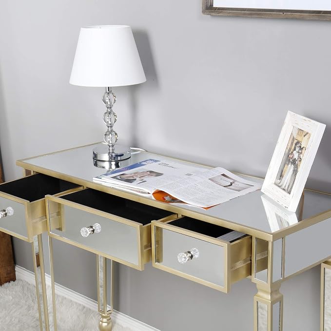 Henf Mirrored Console Table, Modern Makeup Vanity Desk Dressing Table with 3 Drawers, Contemporary Vanity Sofa Table for Entryway/Living Room/Bedroom (Champagne Gold)