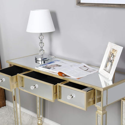 Henf Mirrored Console Table, Modern Makeup Vanity Desk Dressing Table with 3 Drawers, Contemporary Vanity Sofa Table for Entryway/Living Room/Bedroom (Champagne Gold)