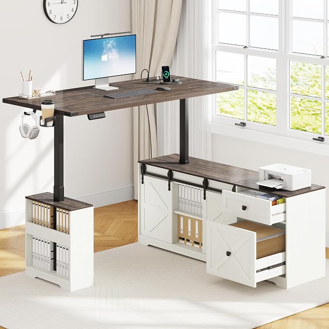 St.Mandyu 63" L Shaped Electric Standing Desk with File Drawer & Sliding Door, Height Adjustable Sit Stand Corner Computer Desk with Power Outlets, Drawers & Cup Holder for Home Office, White